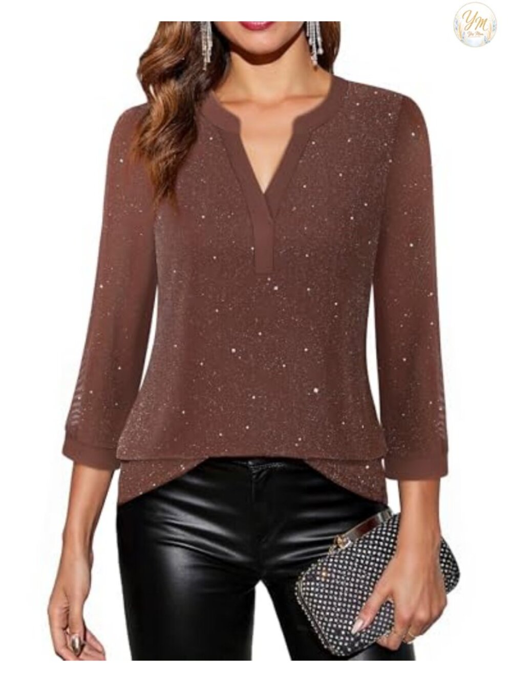 Women's 3/4 Sleeve V Neck Double Layer Mesh Tunic Blouse